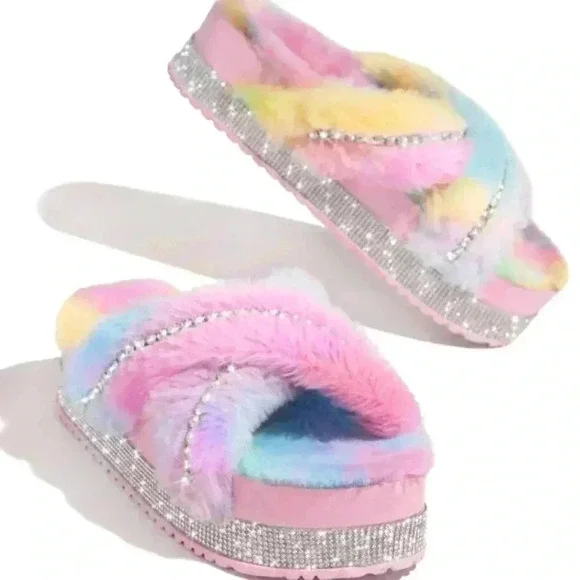 Glam Rhinestone Platform Fur Crisscross Cotton Candy Slippers - Picture 2 of 3